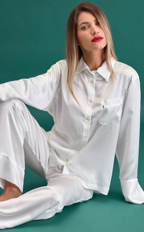 Pijama Americano Manga Longa com Calça Pura Seda Vincenza