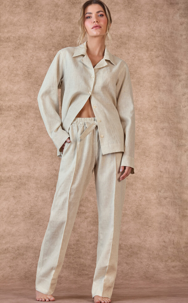 Pijama Americano Manga Longa com Calça Puro Linho