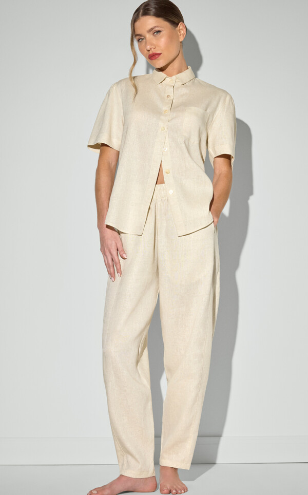 Pijama Americano Manga Curta com Calça Barrel Puro Linho